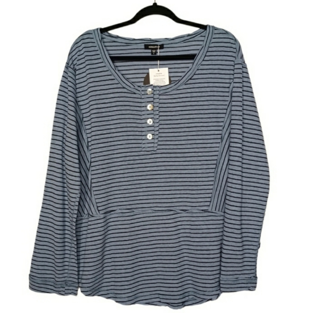 MITTOSHOP Light Blue Black Stripe Print Long Sleeve Round Hem Large Top NWT